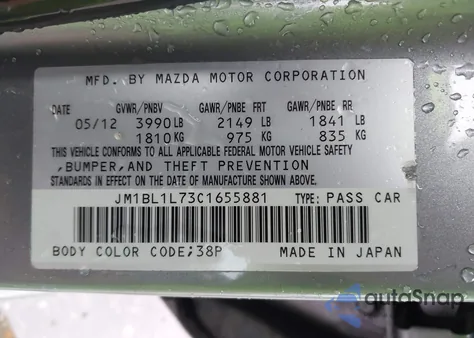 2012 Mazda Mazda3 I Touring z USA, uszkodzony, nr VIN JM1BL1L73C1655881